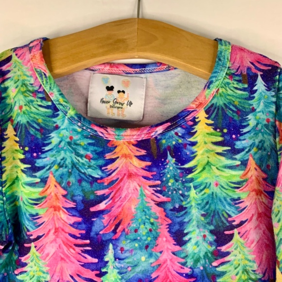 Girls Christmas Tree velour Pink princess multicolored festive flare top dresses - Picture 8 of 16